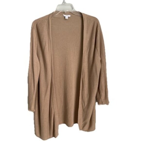 J Jill Beige Linen Blend 3/4 Sleeve Fringed Open Cardigan - Picture 1 of 8